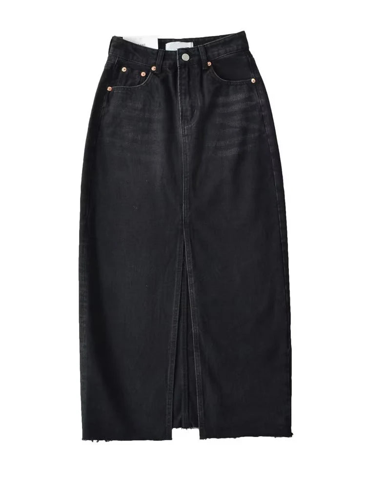 Front Slit Denim Maxi Skirt – Chic & Timeless Style