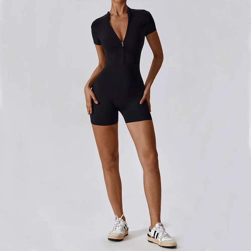 Short Sleeve Zipper Jumpsuit – Comfortable Activewear for Yoga & Fitness - Viva Bella