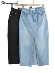 Front Slit Denim Maxi Skirt – Chic & Timeless Style