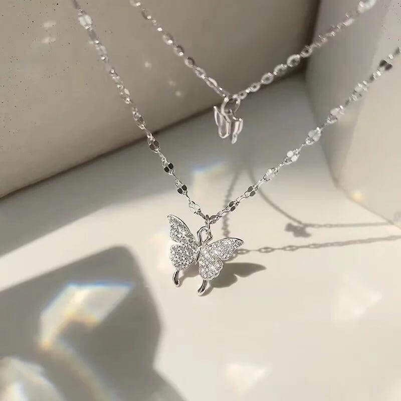 Sterling Silver Butterfly Necklace – Double Layer with Zirconia Pendant - Viva Bella