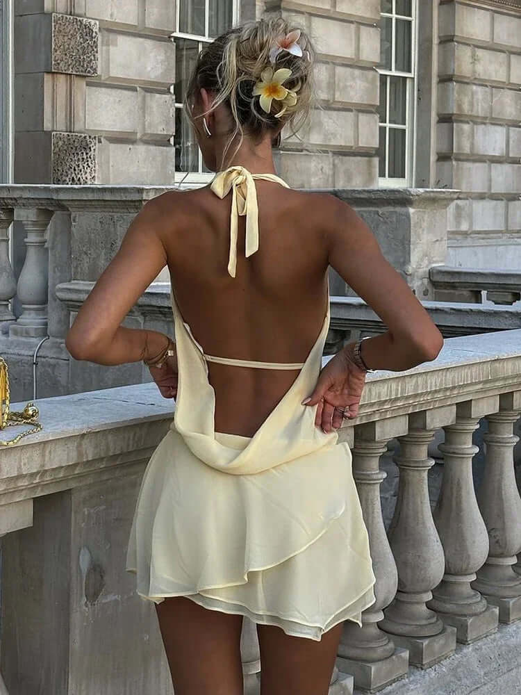 Draped Backless Mini Dress – Sexy Halter See-Through Look