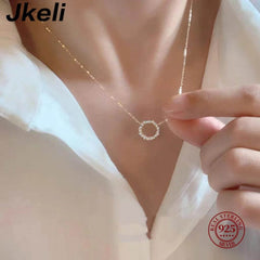 Jkeli 18K Gold-Plated S925 Silver Necklace – Diamond Circle Pendant - Viva Bella