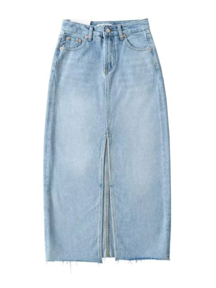 Front Slit Denim Maxi Skirt – Chic & Timeless Style