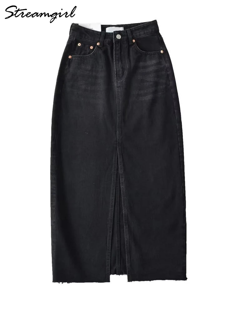 Front Slit Denim Maxi Skirt – Chic & Timeless Style