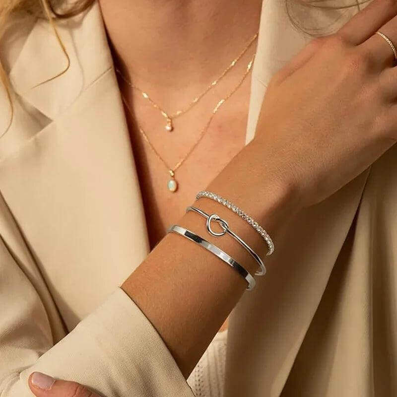 Stainless Steel Cuff Bracelets - Adjustable 14K Silver Bangles - Viva Bella