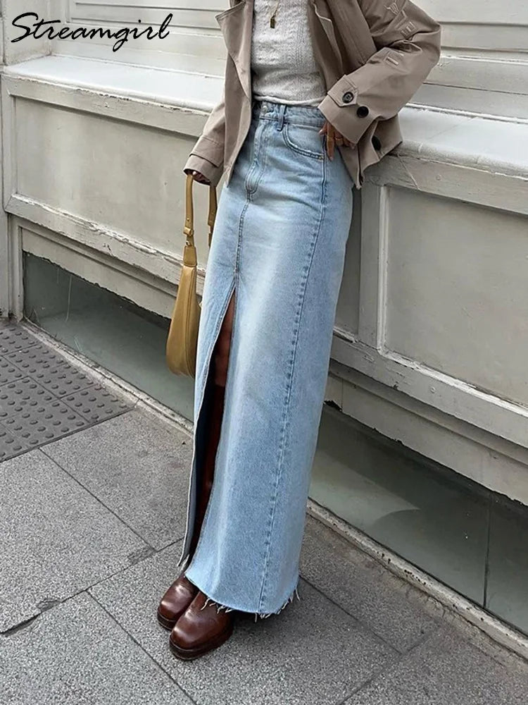 Front Slit Denim Maxi Skirt – Chic & Timeless Style